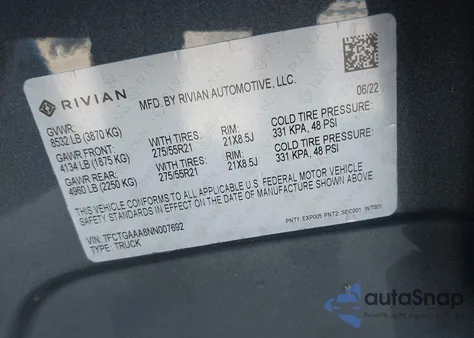 2022 Rivian R1T Adventure from USA, damaged, VIN 7FCTGAAA8NN007692